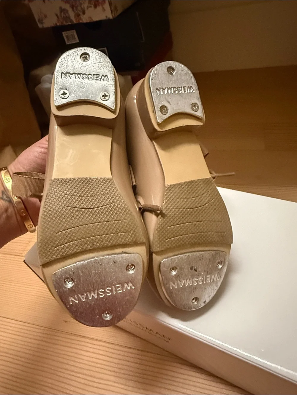 Weissman Tan Patent Mary Jane Shoes with Grosgrain Bow